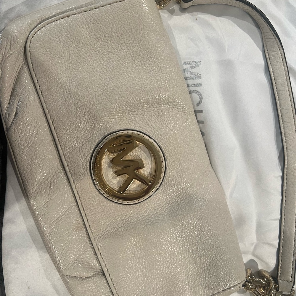 Michael Kors Cream Leather Shoulder Bag with Gold MK Medallion